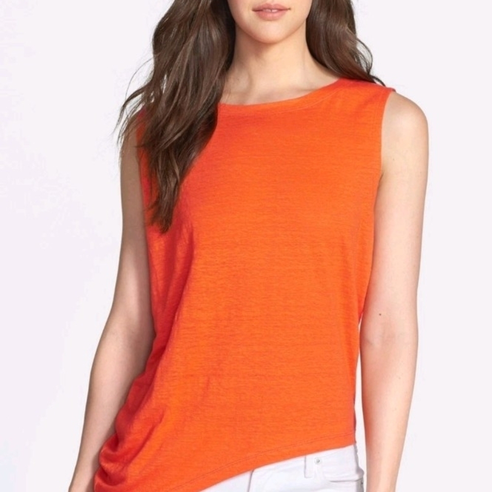 Like New Eileen Fisher Ballet Neck Organic Linen Jersey Top Flamingo Orange PL